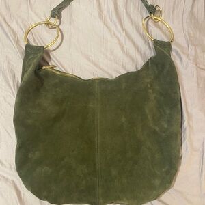 Green and Gold Suede Hobo Bag with Crescent Shape